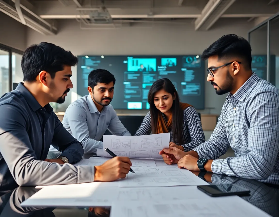 IT strategy meeting with developers looking at architecture diagrams