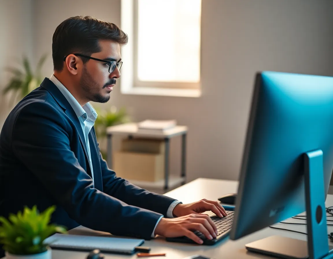 Senior developer mentoring a junior colleague at a computer