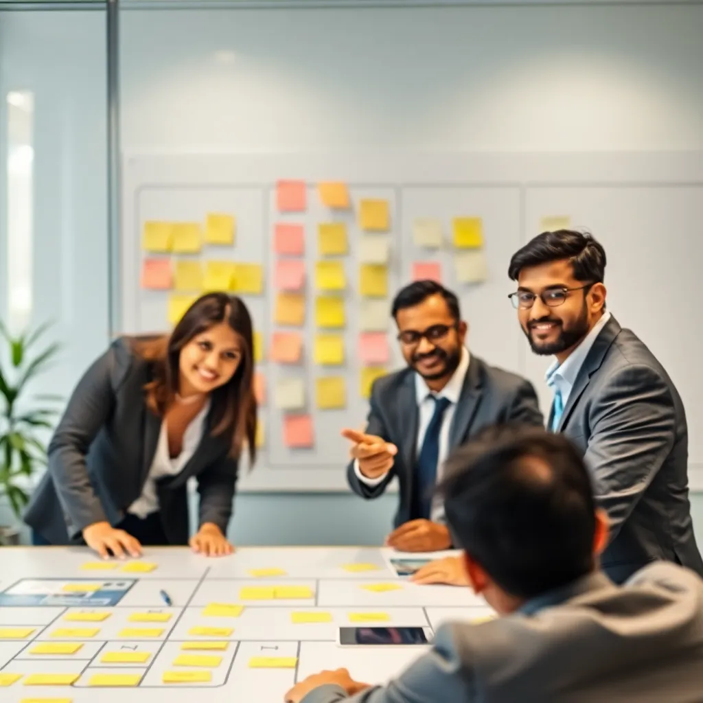 Team working on a scrum board with sticky notes